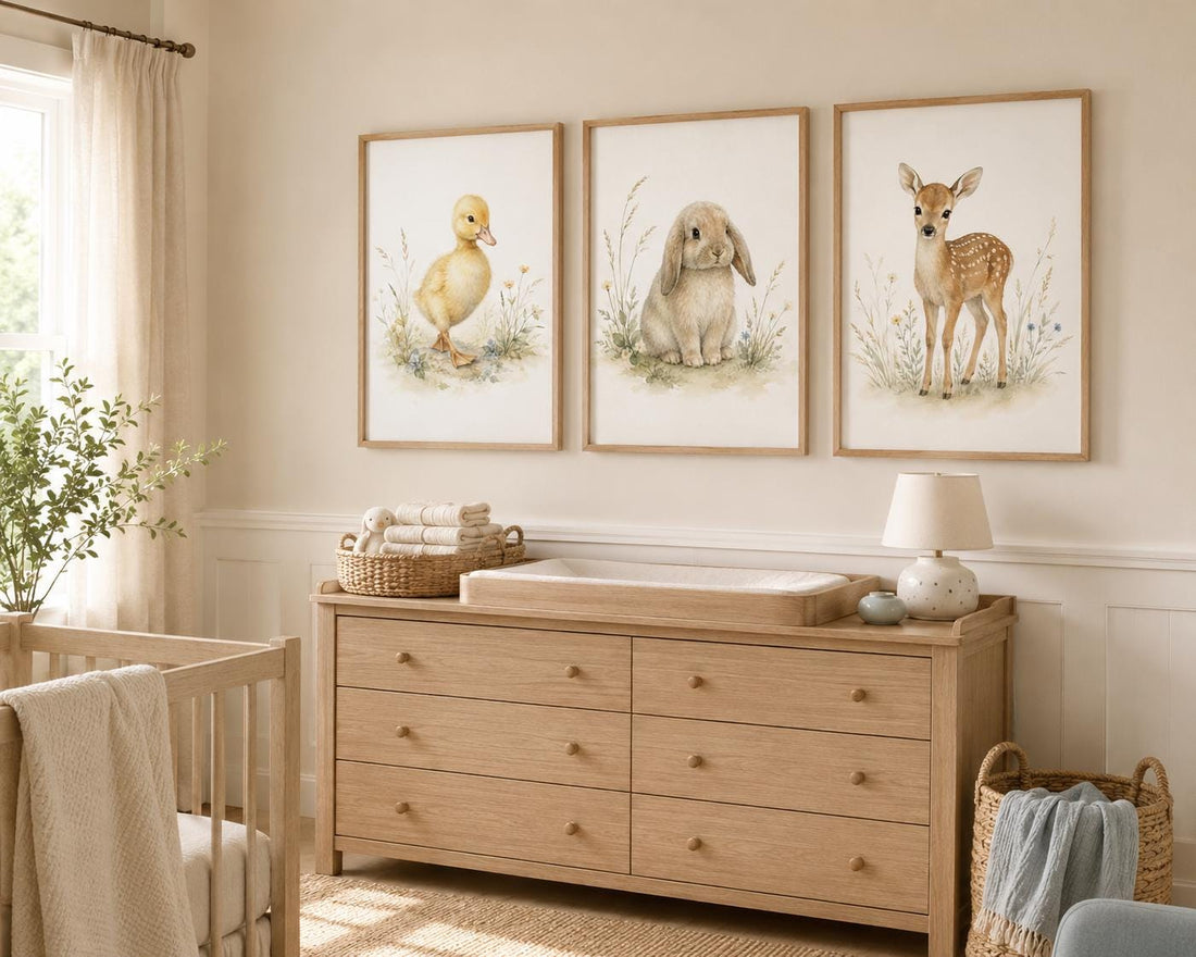 Baby Animal Nursery Wall Art Set of 3, Bunny Duckling and Fawn Prints