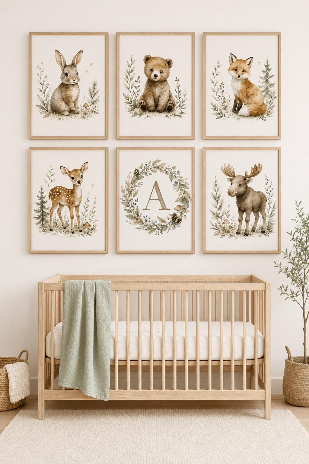 Woodland Nursery Wall Art Set of 6, Forest Animal Prints, Bear Bunny Fox Deer