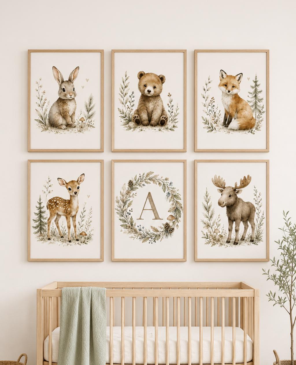Woodland Nursery Wall Art Set of 6, Forest Animal Prints, Bear Bunny Fox Deer