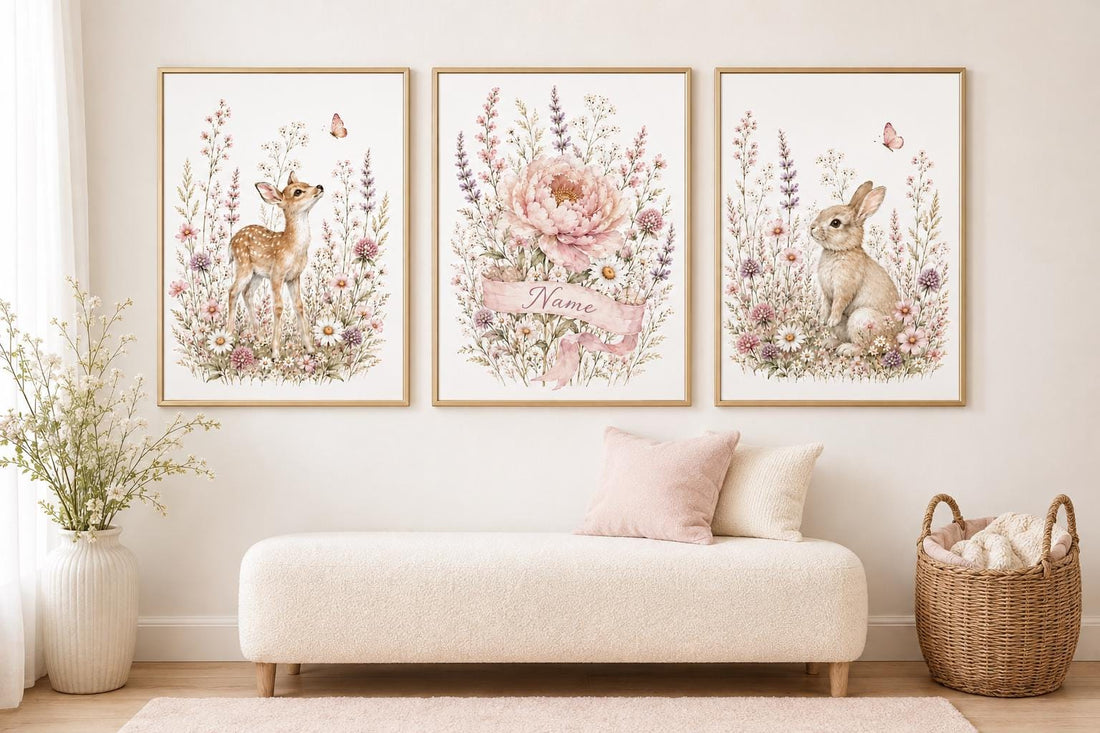 Personalized Woodland Nursery Wall Art Set of 3, Floral Deer and Bunny Prints