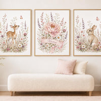 Personalized Woodland Nursery Wall Art Set of 3, Floral Deer and Bunny Prints