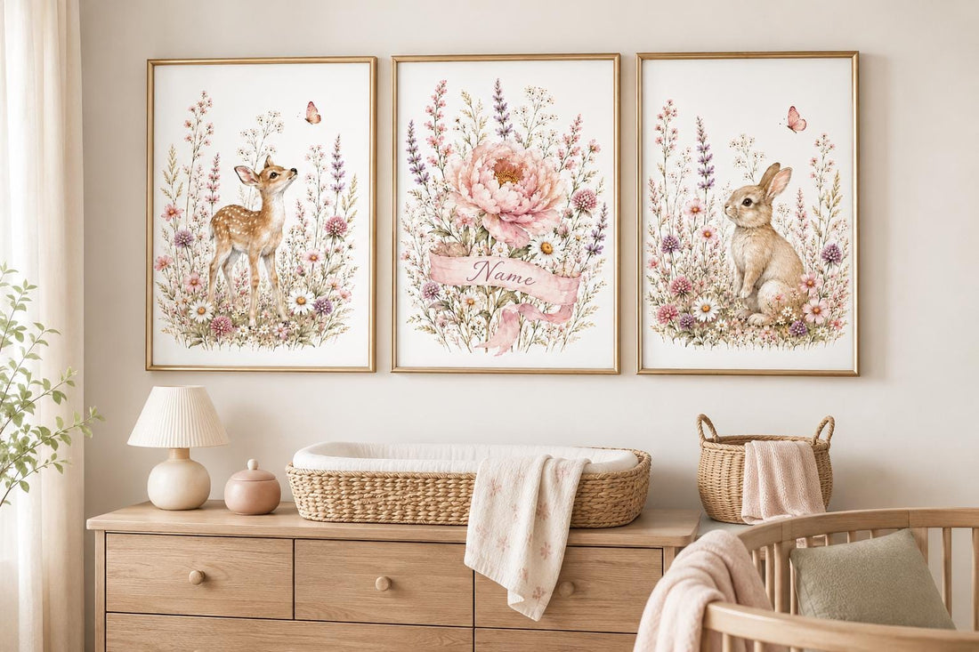 Personalized Woodland Nursery Wall Art Set of 3, Floral Deer and Bunny Prints