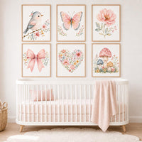 Girls Nursery Wall Art Set of 6, Watercolor Bird Butterfly Floral Prints