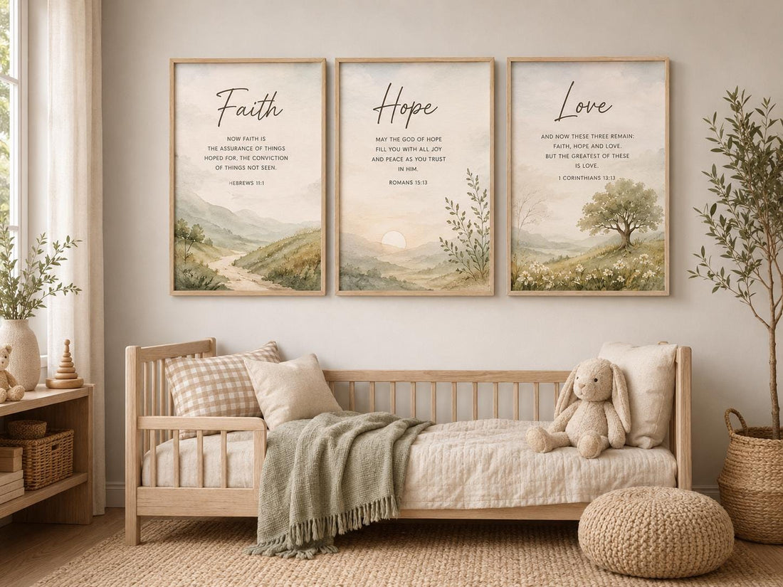 Faith Hope Love Bible Verse Prints, Watercolor Nursery Wall Art (Set of 3)