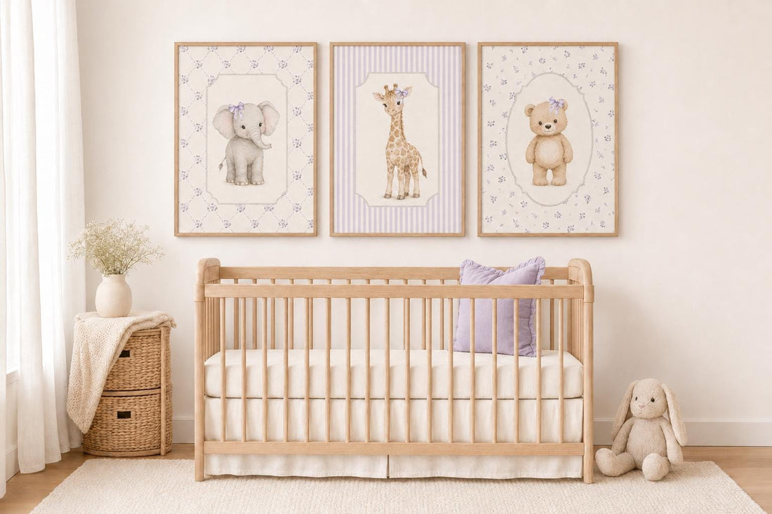 Purple Nursery Wall Art Set of 3, Elephant Giraffe Bear Prints, Lilac Baby Girl