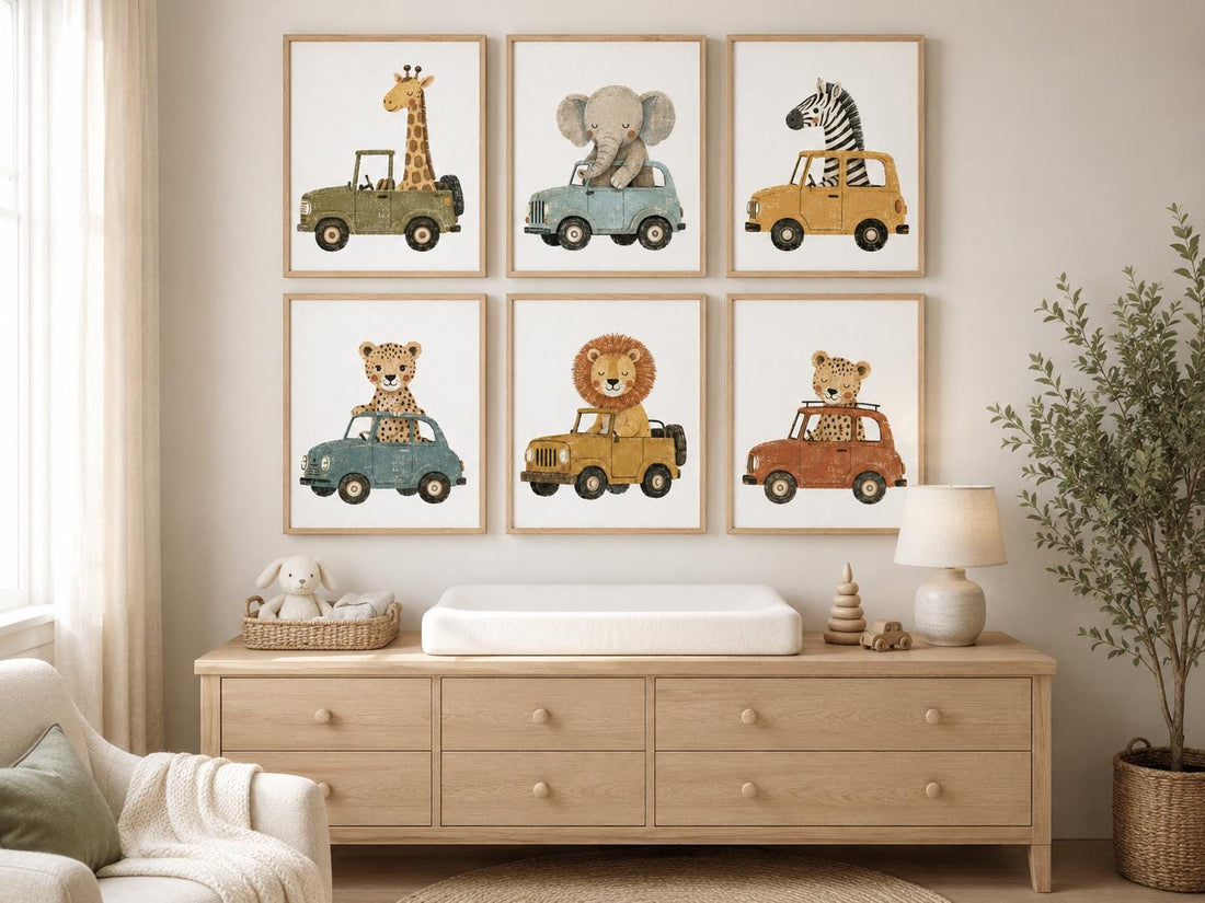 Safari Animal Car Prints Set, Retro Nursery Wall Art (Set of 6)