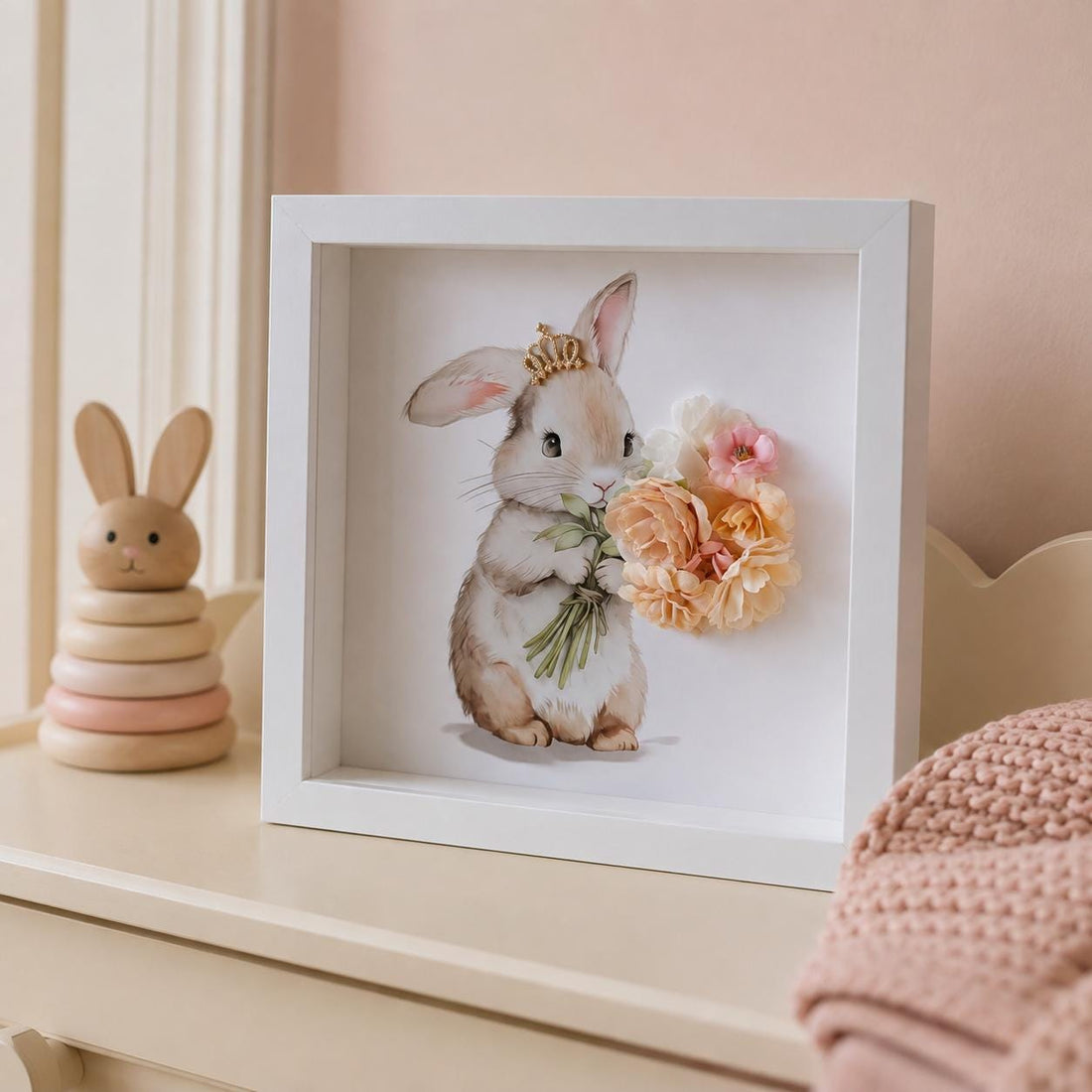 Princess Bunny Nursery Wall Art, Watercolor Rabbit with Crown, Floral Embellishments (9x9)