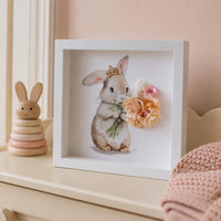 Princess Bunny Nursery Wall Art, Watercolor Rabbit with Crown, Floral Embellishments (9x9)