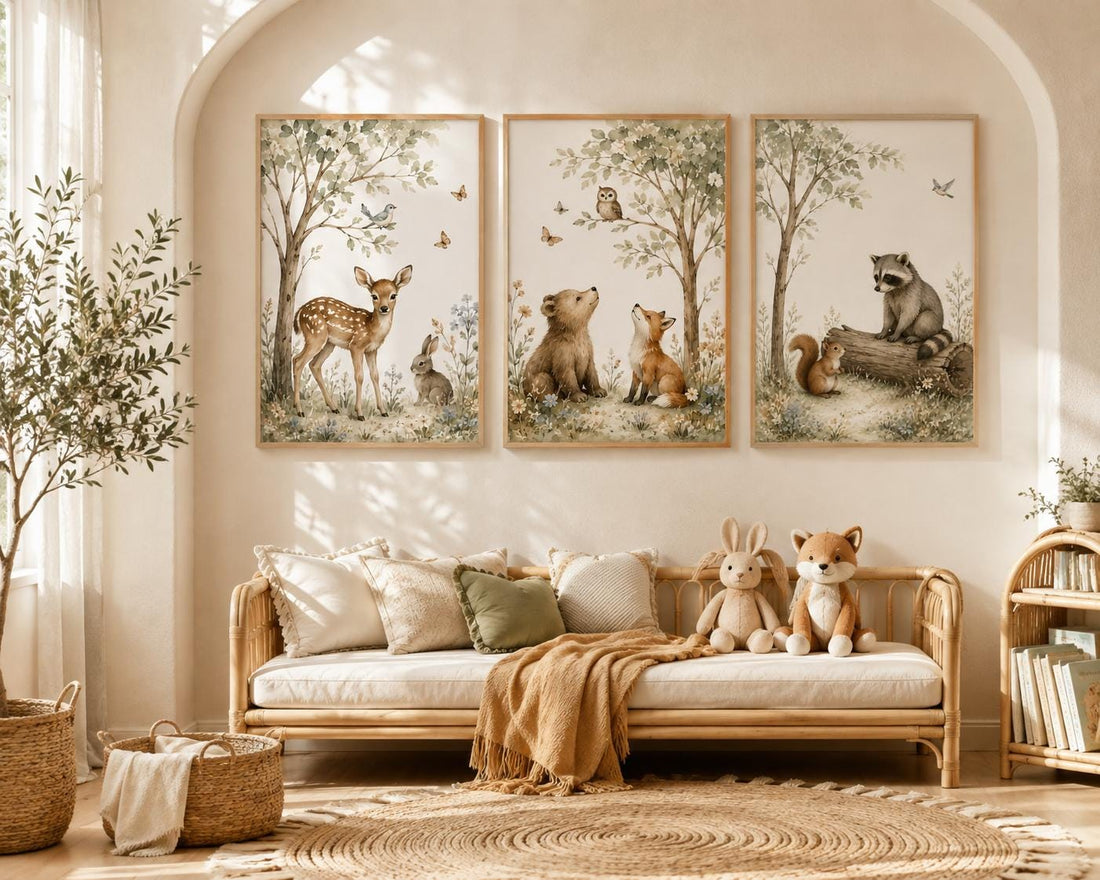 Woodland Nursery Wall Art Set of 3, Forest Animal Prints, Deer Bear Fox Raccoon