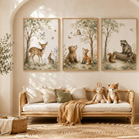 Woodland Nursery Wall Art Set of 3, Forest Animal Prints, Deer Bear Fox Raccoon