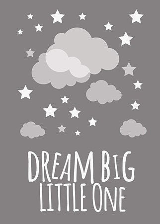 Dream big little one Print, Nursery Wall Art, gray nursery decor, Cloud Nursery, Kids Room decor, grey nursery decor, gender neutral nursery