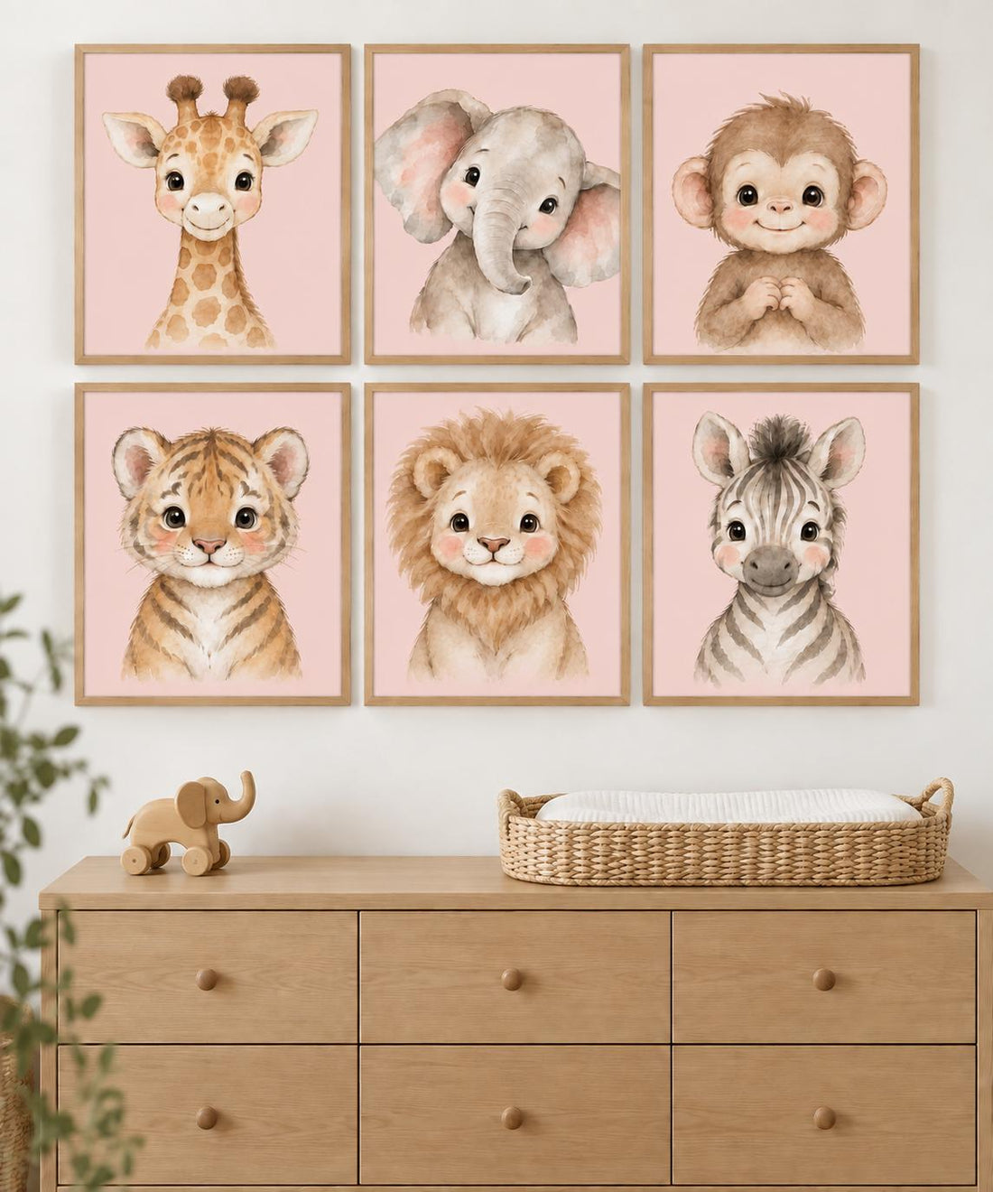 Pink Safari Nursery Wall Art Set of 6, Watercolor Baby Animal Prints