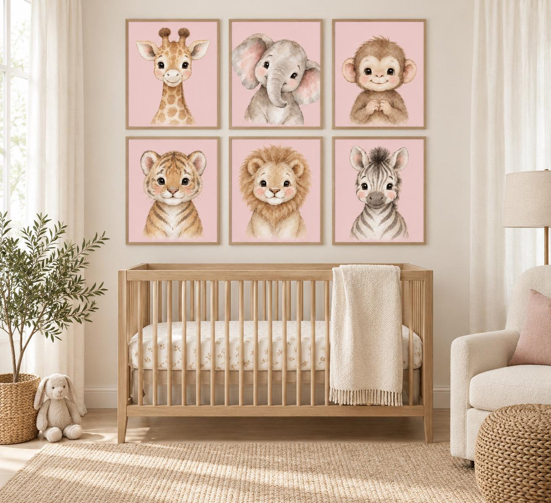Pink Safari Nursery Wall Art Set of 6, Watercolor Baby Animal Prints