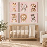 Pink Safari Nursery Wall Art Set of 6, Watercolor Baby Animal Prints