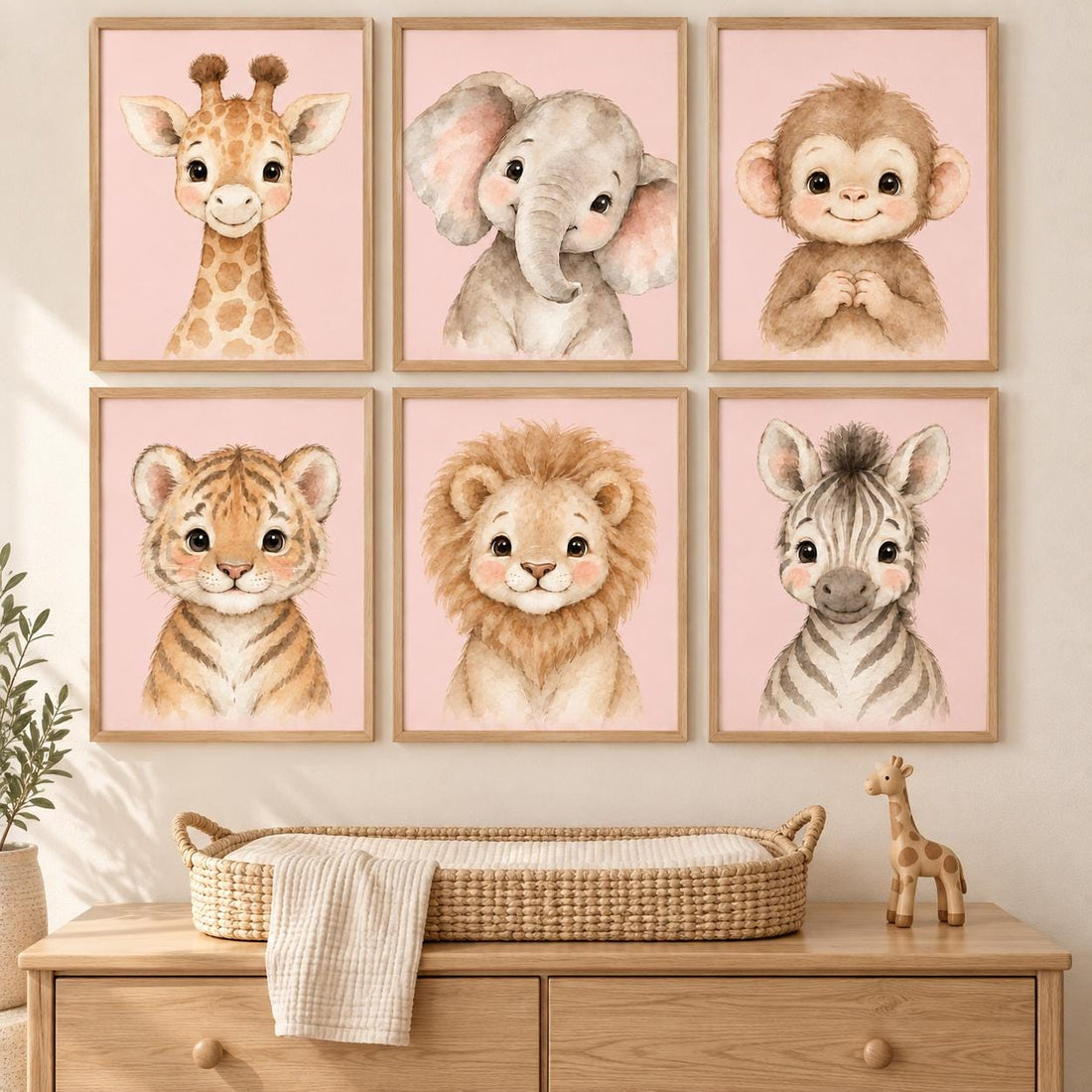 Pink Safari Nursery Wall Art Set of 6, Watercolor Baby Animal Prints
