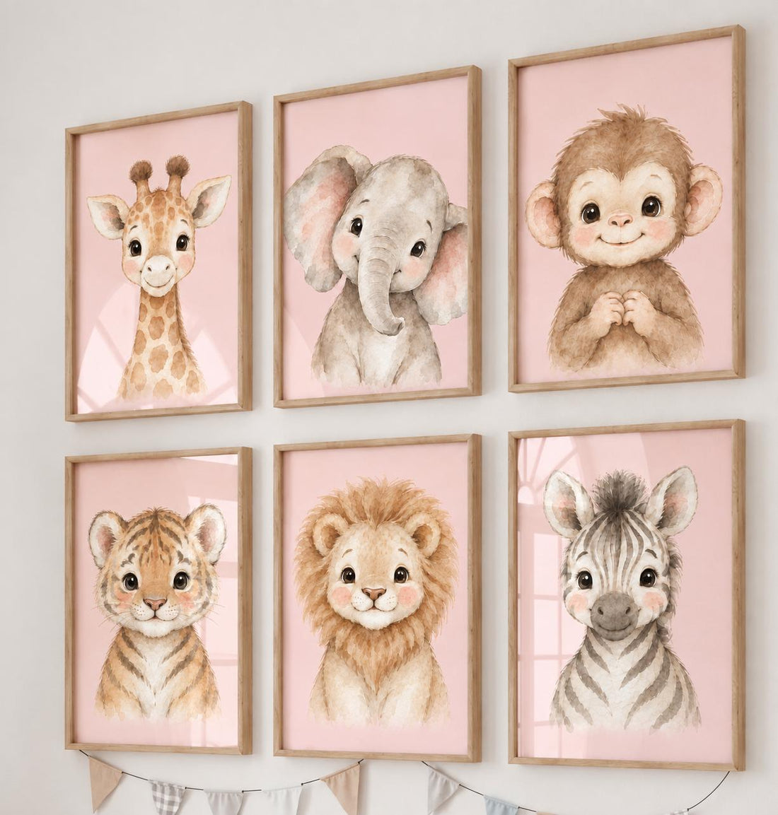 Pink Safari Nursery Wall Art Set of 6, Watercolor Baby Animal Prints