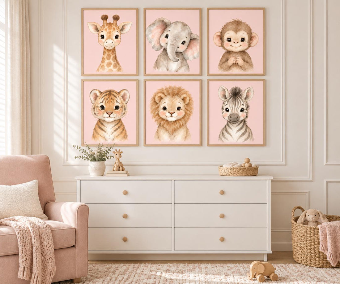 Pink Safari Nursery Wall Art Set of 6, Watercolor Baby Animal Prints