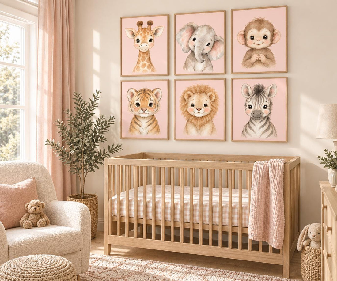 Pink Safari Nursery Wall Art Set of 6, Watercolor Baby Animal Prints