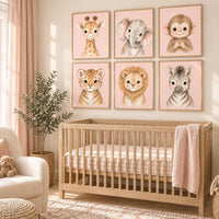 Pink Safari Nursery Wall Art Set of 6, Watercolor Baby Animal Prints