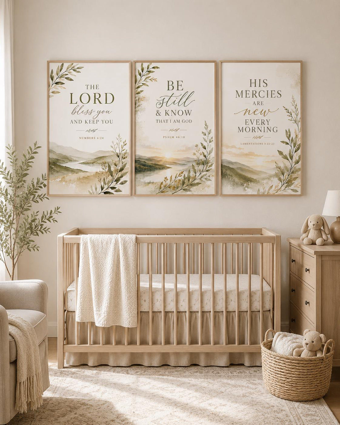 Christian Wall Art Set of 3, Bible Verse Nursery Decor, Neutral Scripture Prints
