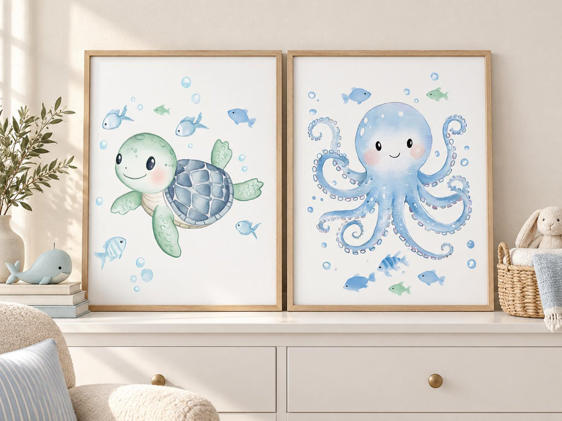 Ocean Nursery Wall Art Set of 2, Watercolor Sea Turtle and Octopus Prints