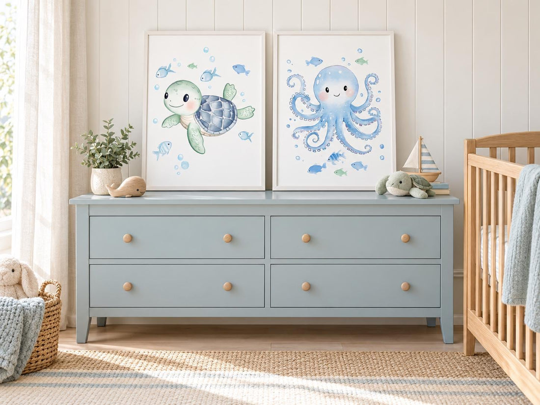 Ocean Nursery Wall Art Set of 2, Watercolor Sea Turtle and Octopus Prints