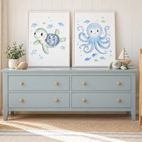 Ocean Nursery Wall Art Set of 2, Watercolor Sea Turtle and Octopus Prints