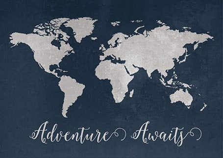 Navy World Map print, Adventure awaits Nursery print, Kid&