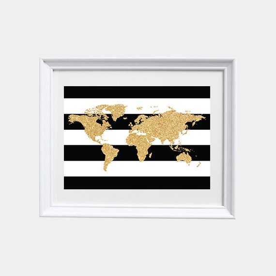 Black white gold decor, World Map,gold nursery decor, gold nursery art, Nursery Art, Nursery Prints, gold glitter, wall art, black and white