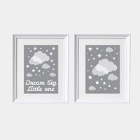 Dream big little one print, nursery print, baby's nursery room decor, kid's room, toddler's room, gray, grey clouds, set of 2 prints, stars