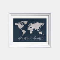 Navy World Map print, Adventure awaits Nursery print, Kid's Room Decor, Children's playroom, toddler navy baby wall art, world map gift
