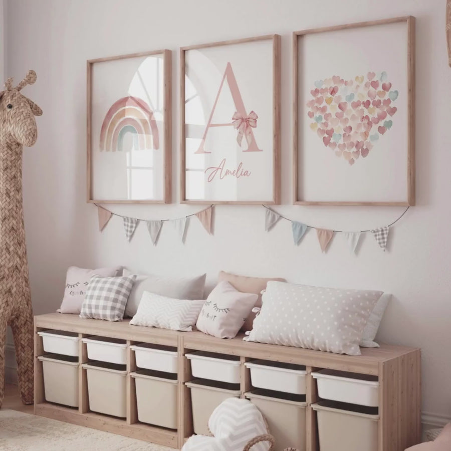 Pastel Rainbow Nursery Wall Art Set – Personalized Name Print – Heart and Bow Girl Room Decor – Blush Boho Baby Girl Wall Prints