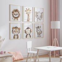 Safari Animal Nursery Wall Art Set of 6, Neutral Jungle Baby Room Decor, Lion Giraffe Elephant Prints, Cute Zoo Animals for Boys or Girls