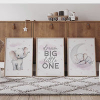 Pink Elephant Nursery Prints Set: Girls Room Decor
