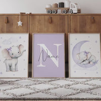 Lavender Elephant Nursery Wall Art – Personalized 3-Piece Set