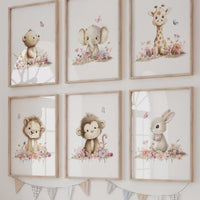 Floral Safari Animal Prints: Boho Nursery Decor, Set of 6