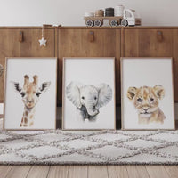 Safari Nursery Wall Art Prints, Giraffe Elephant Lion Nursery Decor