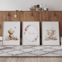 Personalized Baby Name Nursery Art | Bear & Elephant Floral Prints