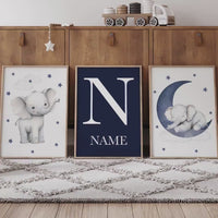 Elephant Nursery Decor: Navy Moon & Stars Boy Wall Art