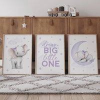 Elephant Nursery Prints: Purple Moon, Stars, Girl Room Decor