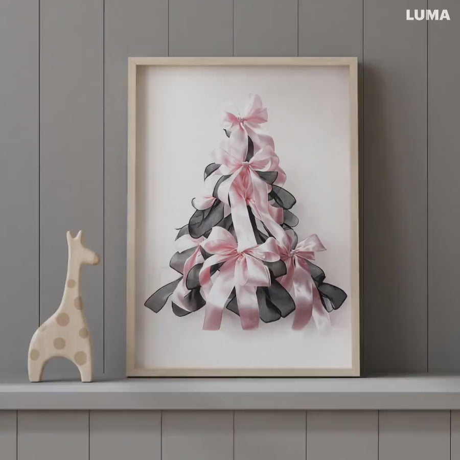 Bow print, Christmas tree, Christmas gift, nursery wall art, girls room, teen room, pink and black, ribbon, gift for girls, gift for her