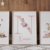 Personalized Bear & Elephant Nursery Print Set | Floral Baby Name Wall Art
