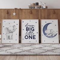 Elephant Nursery Decor: Navy Blue Moon & Stars Print