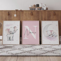 Personalized Elephant Nursery Prints Set: Pink Baby Girl Decor
