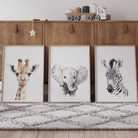 Safari Nursery Wall Art Set, Giraffe Elephant Zebra Prints