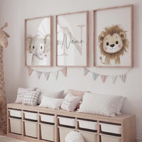 Safari Animal Nursery Prints: Watercolor Lion, Giraffe, Elephant Art (Set of 3)