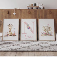 Giraffe & Elephant Nursery Art | Personalized Floral Name Print