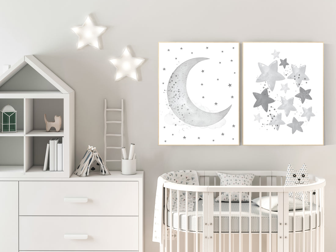 Grey nursery decor, gray nursery decor, moon and cloud nursery decor, grey, gender neutral nursery