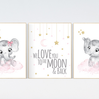 Pink gold nursery prints, girl nursery, Nursery wall art girl, pink elephant, girl nursery ideas