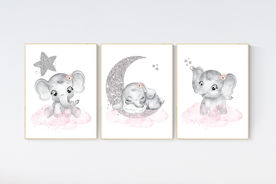 Girl nursery decor, pink and silver, elephant nursery prints, nursery wall art girl
